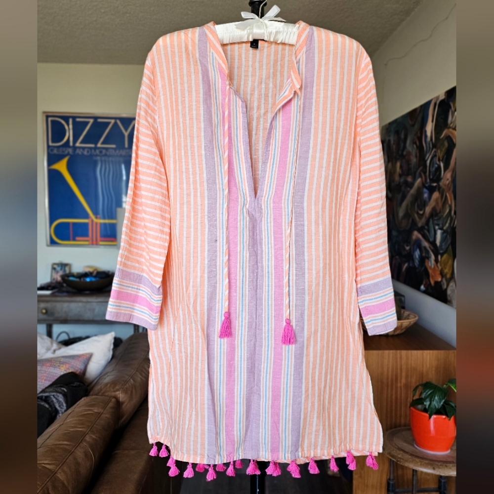 J. Crew Peach and Pink Striped Swim Coverup with Tassels